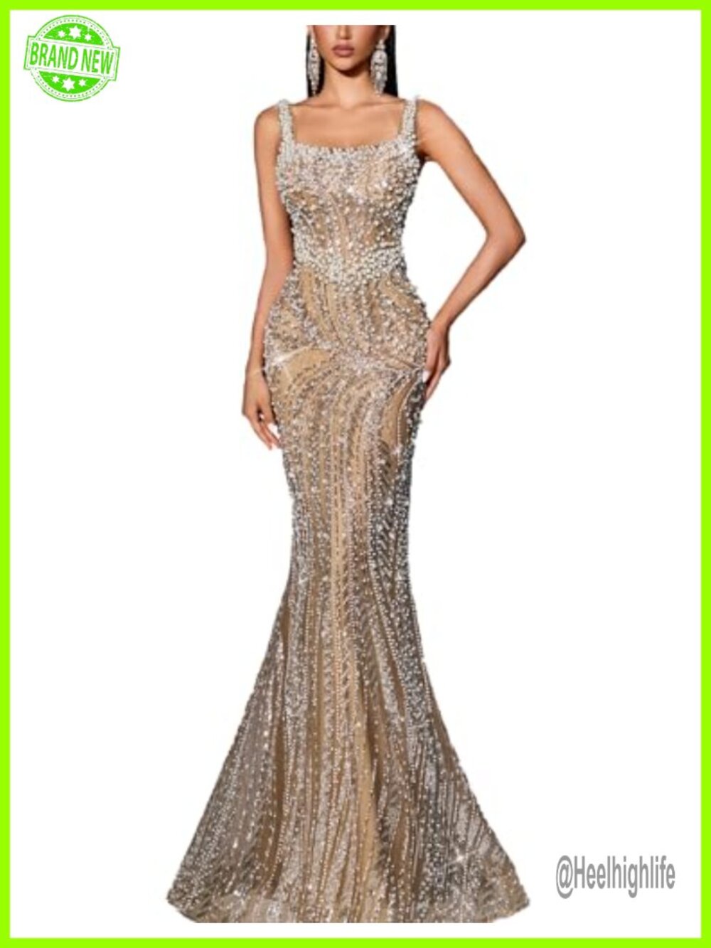 Women 100% Polyester Beaded Mermaid Formal Evening Prom Dress